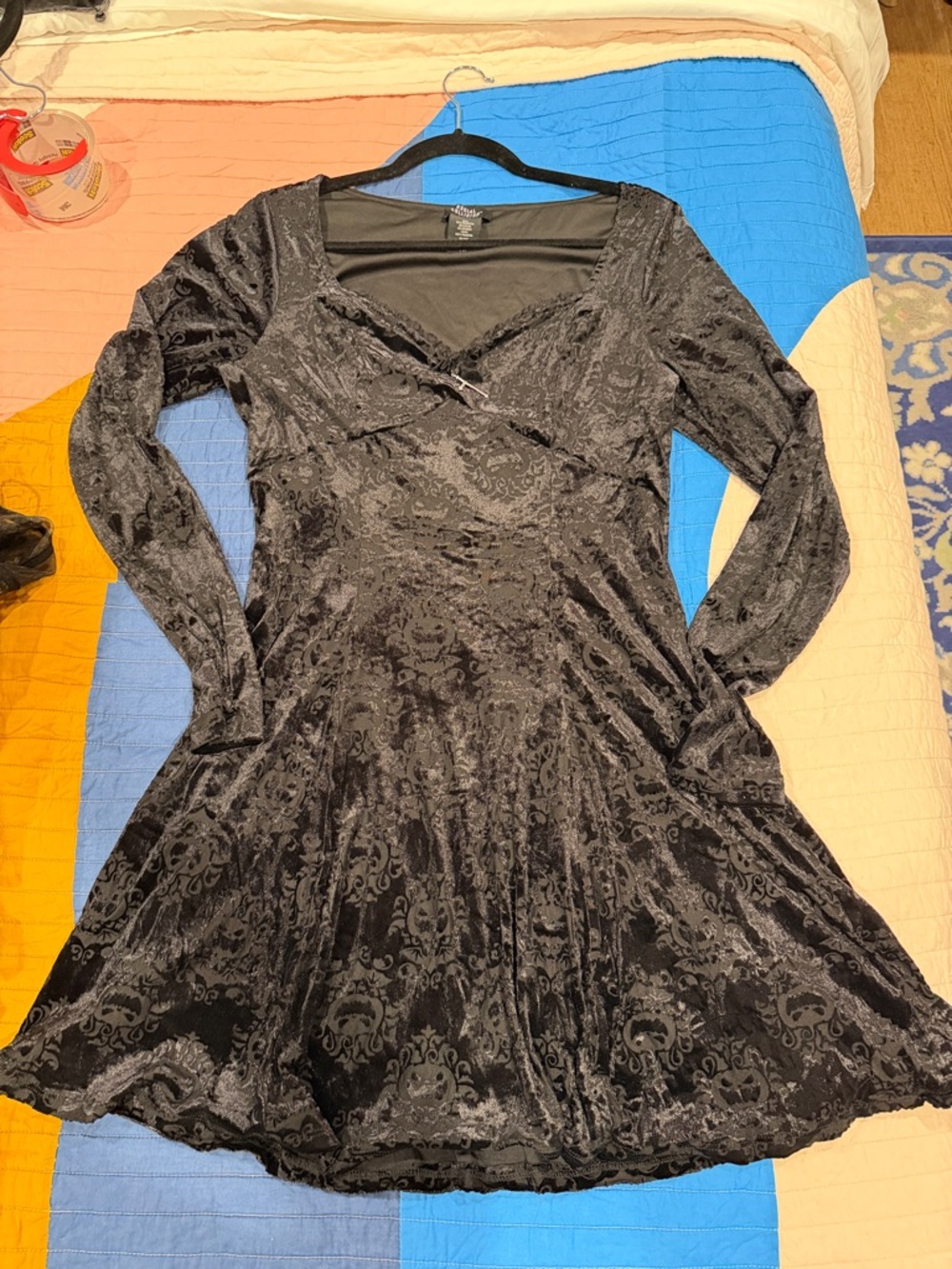 EUC Hot Topic Social Collision Pumpkin Print Velvet Black Dress